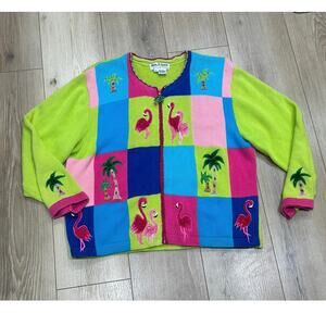 Jack B. Quick Flamingo Palm Zip Front Pink Lime Green Cardigan Sweater Size XL